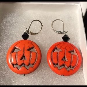 Handmade Halloween Pumpkin Earrings with Black Crystal – Festive Fall Jewelry